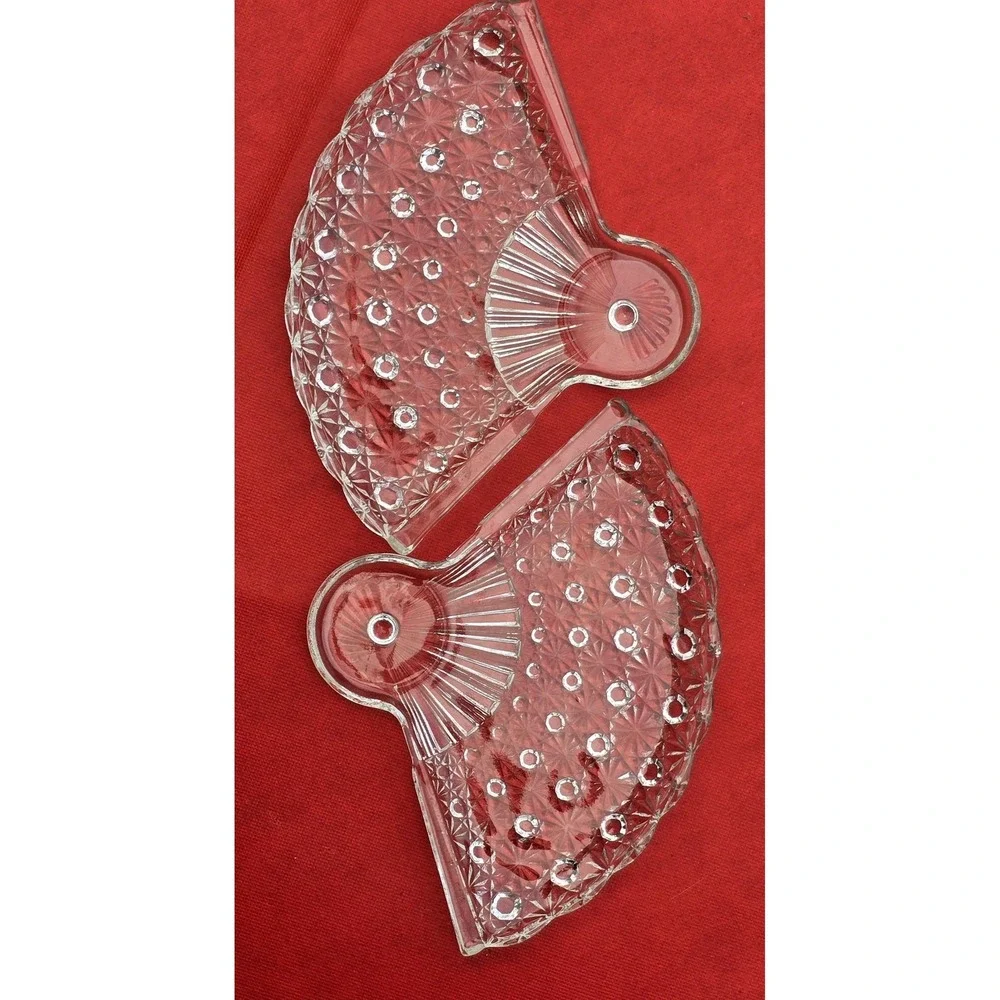 1960's Anchor Hocking Clear Fan Shaped Snack & Drink Plates Daisy and Button 2pc